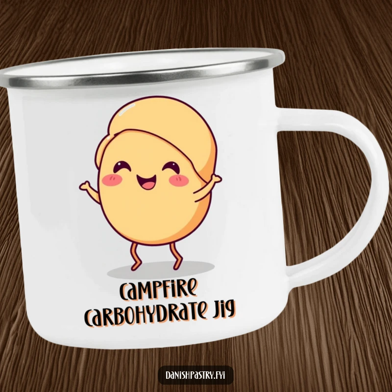 Funny croissant camping mug showing a smiling croissant with tiny legs doing a cheerful jig, ideal for outdoor fun gift.