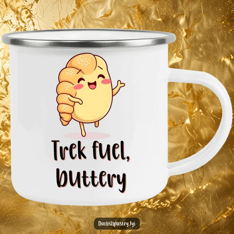 Funny Croissant Jig Camping Mug with a cheerful, jigging croissant, ideal for outdoor enjoyment with a humorous touch.