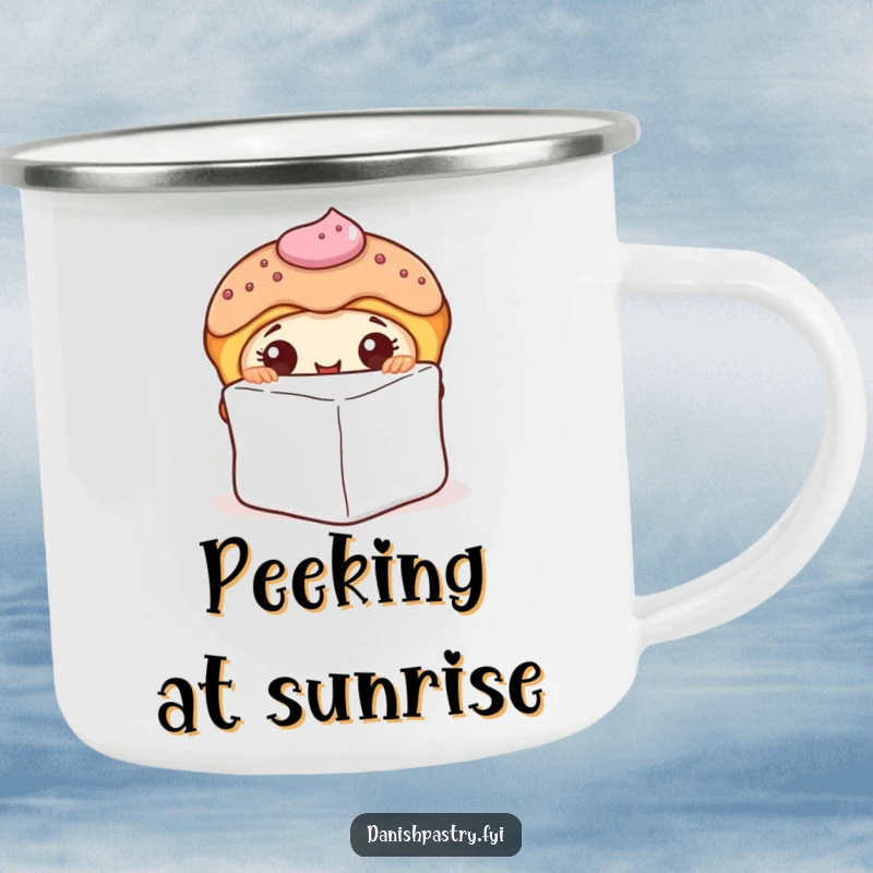Funny camping mug with a curious Danish pastry peeking from behind a sugar cube, perfect for enjoying drinks outdoors.