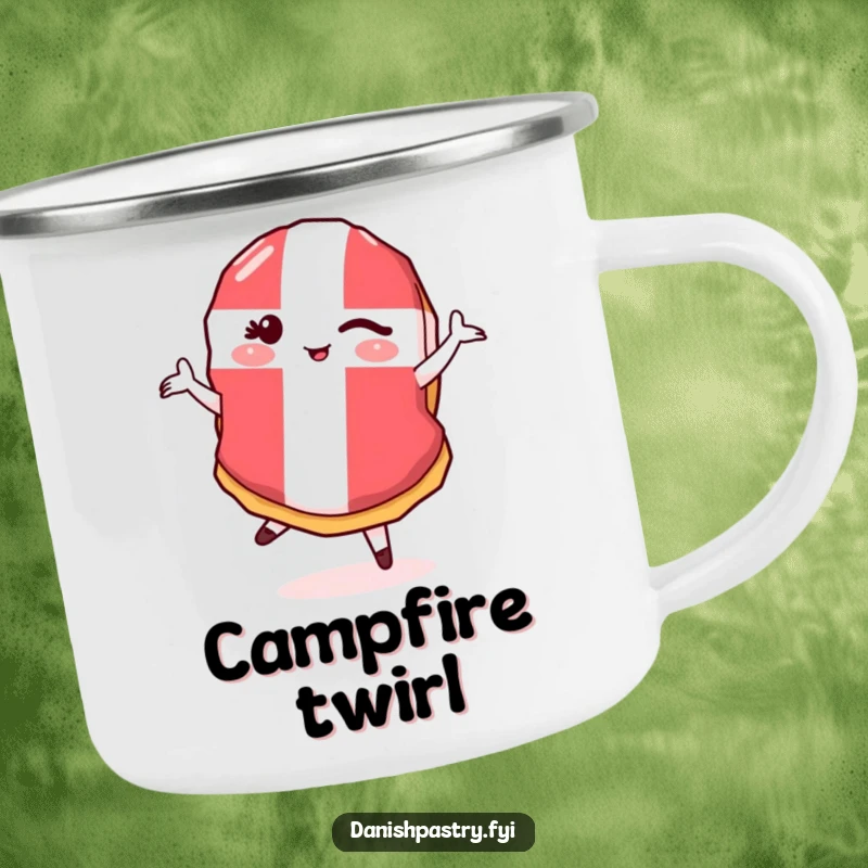 Funny Danish Flag Pastry Pirouette Camping Mug with a winking pastry doing a pirouette, ideal for humorous outdoor sipping.