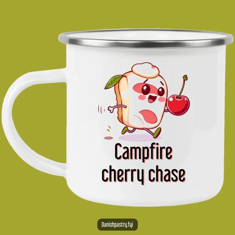 Funny Danish Pastry Camping Mug: Cherry Chase, Rugged Fun, Ideal Funny Gift!