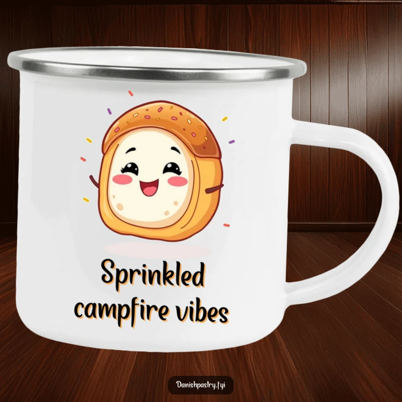 Funny Danish pastry camping mug, a grinning character energetically wiggling with sprinkles flying, for cheerful outdoor enjoyment.