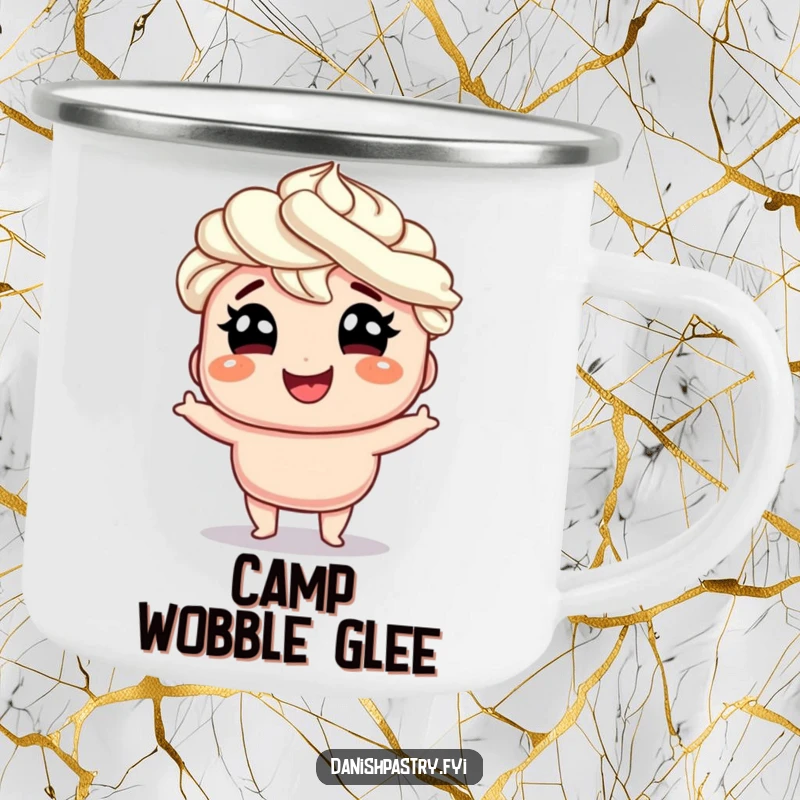 Funny smiling Danish with whipped cream hair doing a silly wobble with glee, a durable and humorous camping mug for outdoor enjoyment.