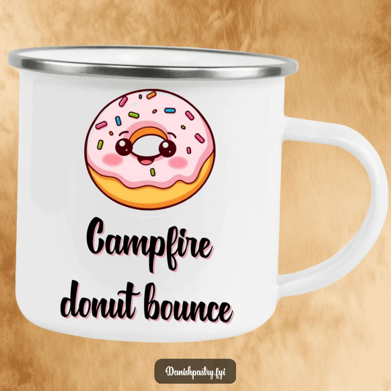 Funny donut camping mug, a cheerful character doing a playful bounce with wobbling sprinkles, for sweet outdoor enjoyment.
