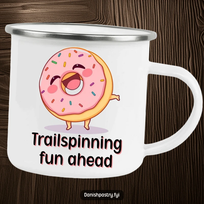 Funny camping mug featuring a laughing donut with sprinkles, performing a somersault, durable and humorous for outdoor enjoyment.