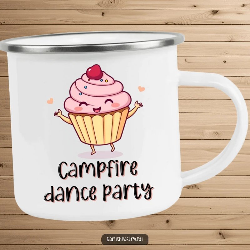 Funny cupcake dancing with a giggle, depicted on a durable camping mug, perfect for outdoor adventures and cheerful mornings.