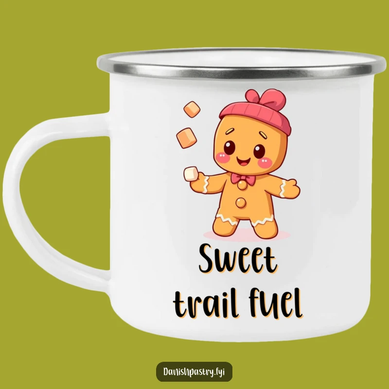 Funny Gingerbread Man Camping Mug - Juggling Cubes Enamel Cup for Sweet Outdoors