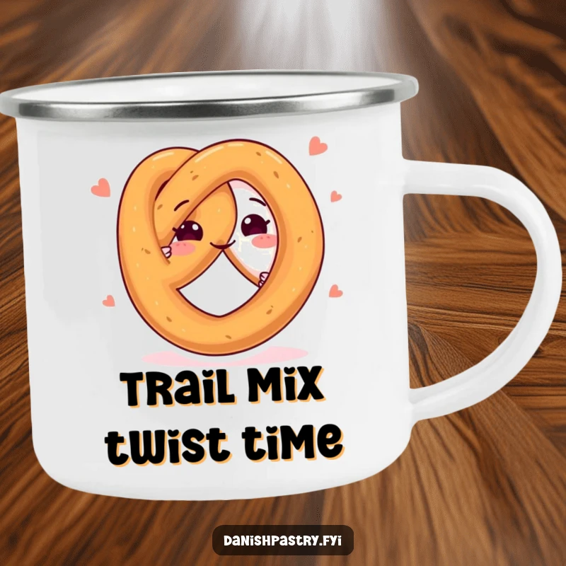 Funny camping mug featuring a happy pretzel character twisting playfully, designed for outdoor enjoyment and snack-themed fun.