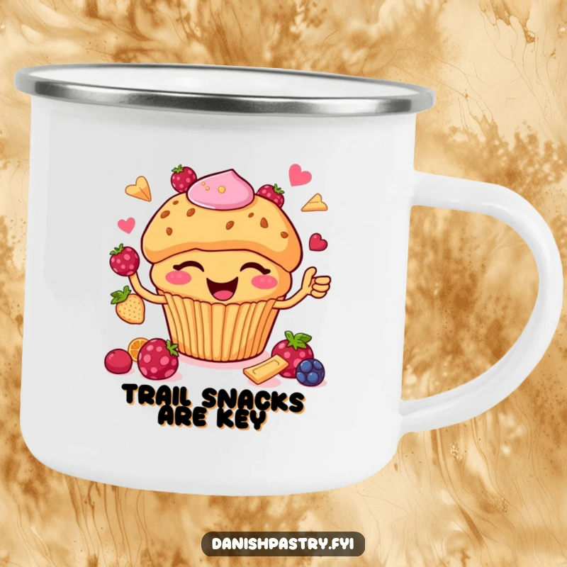 Funny Camping Mug: A happy muffin with chips winks while juggling berries, celebrating fun and breakfast on the go.
