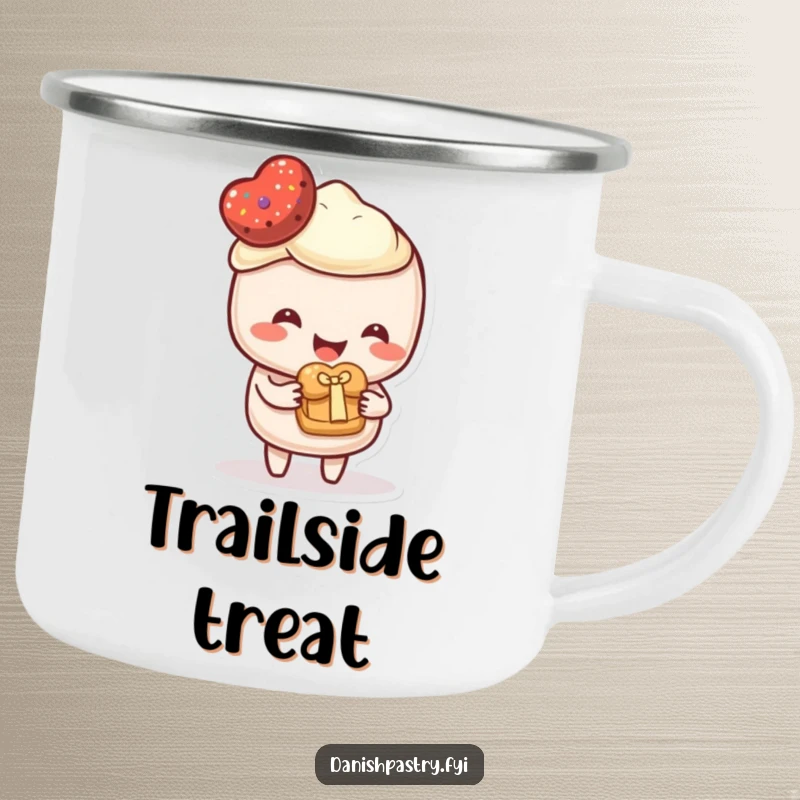 Funny Camping Mug depicting a happy pastry character offering a miniature pastry as a gift. A warm and humorous mug for outdoor sharing.