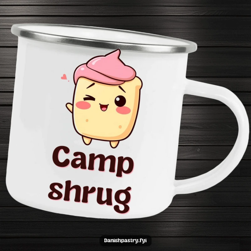 Funny scone character shrugging playfully with a wink, on a durable and hilarious dessert camping mug.