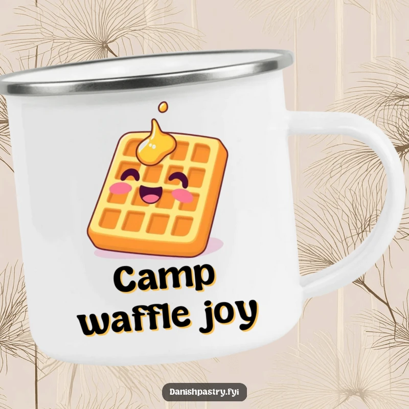 Funny waffle camping mug showing a delighted character grinning upside down with syrup, perfect for outdoor laughs.
