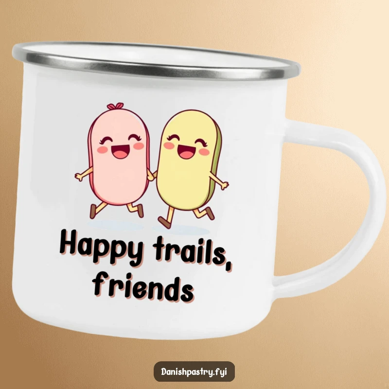 Funny and sturdy camping mug featuring a delighted pair of macarons holding hands and skipping, perfect for outdoor enjoyment.