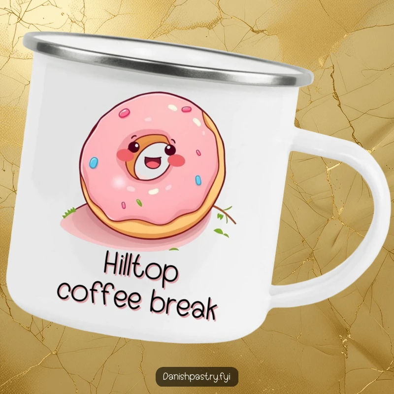 Funny donut rolling down a hill, depicted on a rugged camping mug, built for outdoor adventures and smiles.