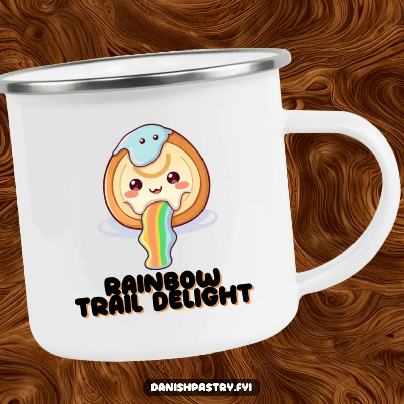 Funny cinnamon roll camping mug showing icing sliding down a rainbow, perfect for outdoor sweetness and humor.
