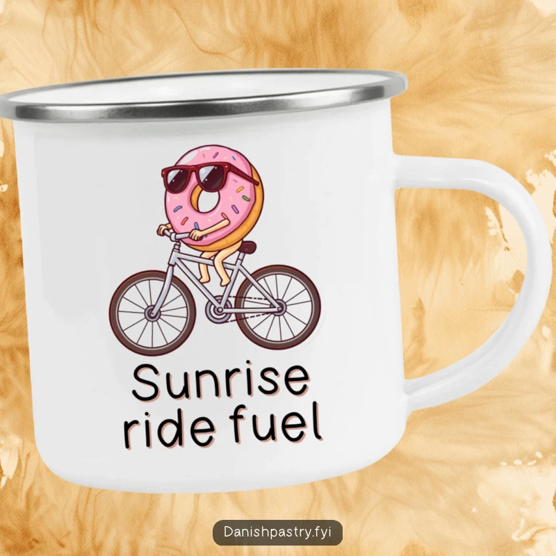Funny donut wearing sunglasses riding a bicycle made of icing streaks, a durable and humorous camping mug for outdoor fun.