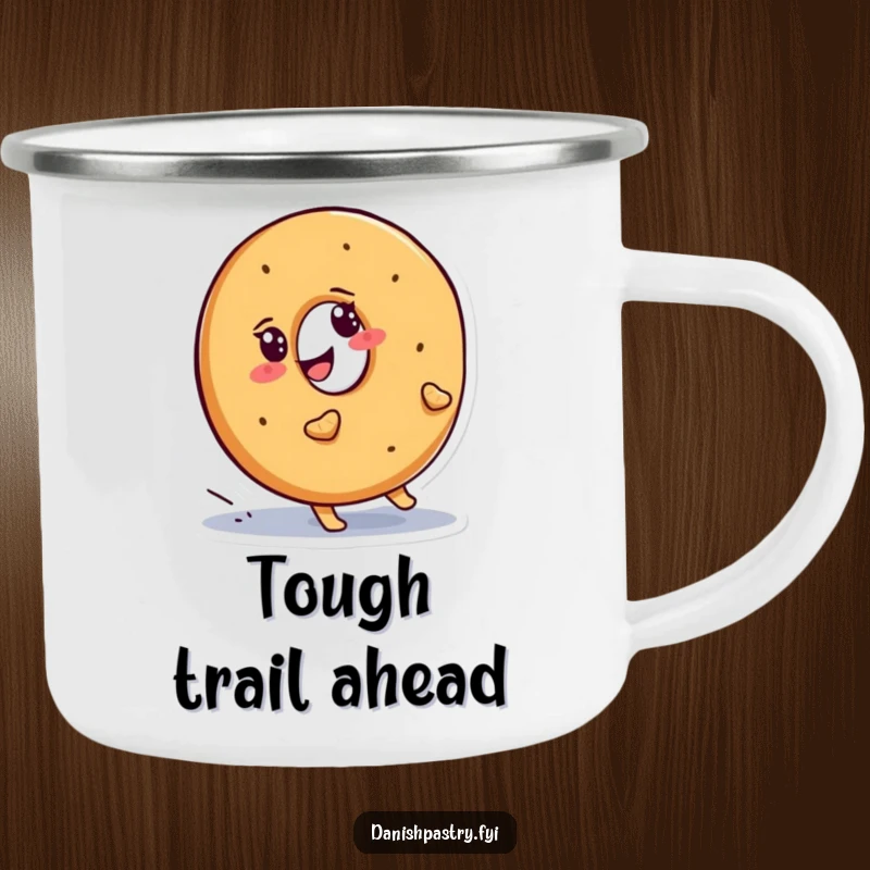 Funny bagel camping mug, a smiling character determinedly waddling uphill, for motivational outdoor enjoyment.