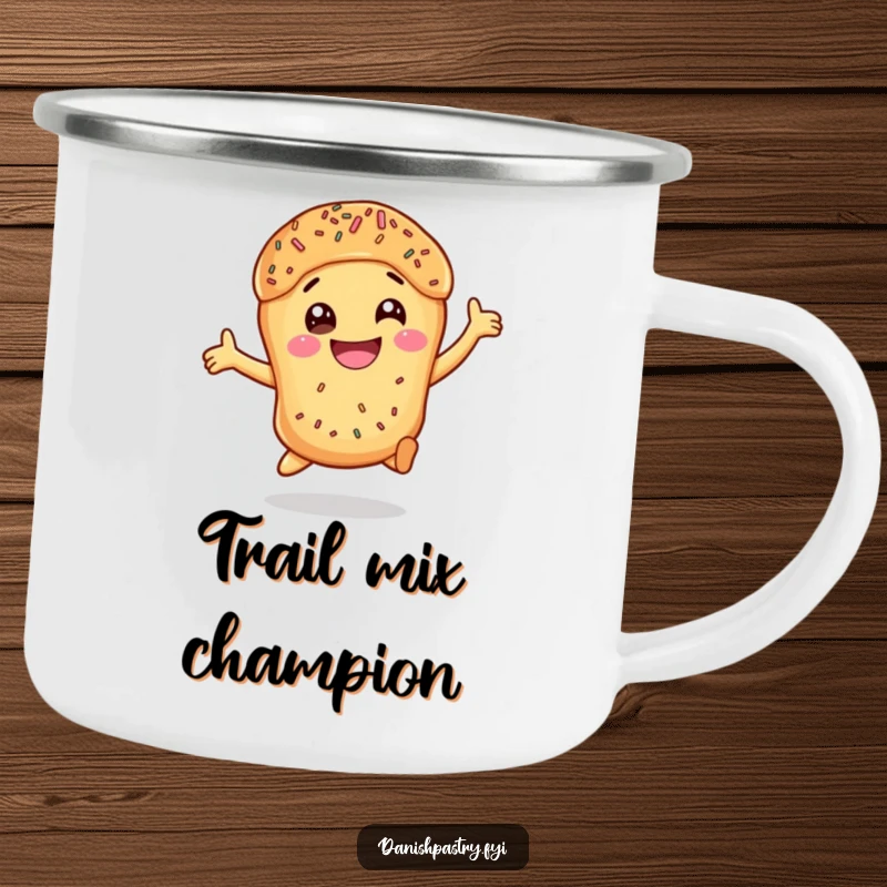 Funny Danish Pastry Leap Camping Mug with a smiling, leaping sprinkled pastry, perfect for humorous outdoor sipping.