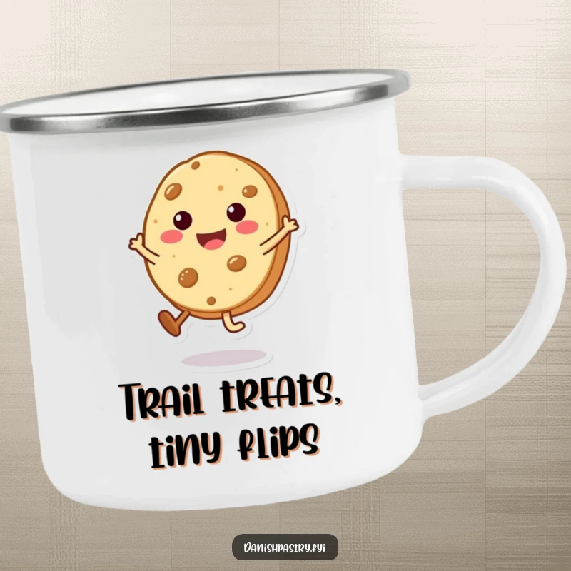 Funny Cookie Cartwheel Camping Mug with a beaming character performing a tiny cartwheel, bringing sweet humor to outdoor adventures.