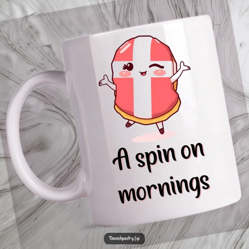 Funny Danish Flag Pastry Mug featuring a winking pastry doing a pirouette, a perfect humorous gift for pastry lovers.