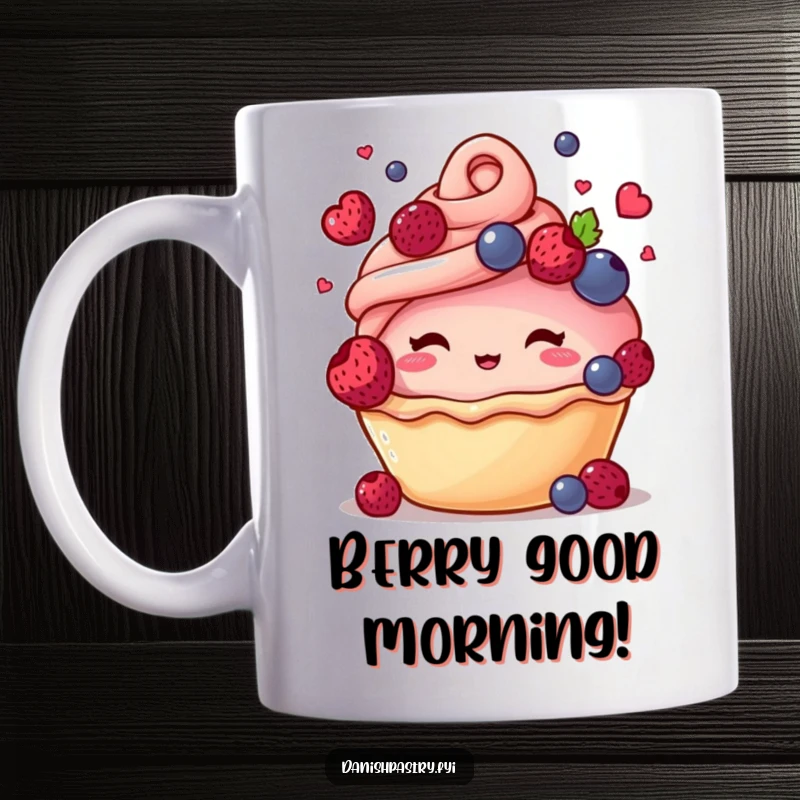 Funny mug with a blushing pastry character skillfully juggling small, colorful berries, expressing playful charm and delight.