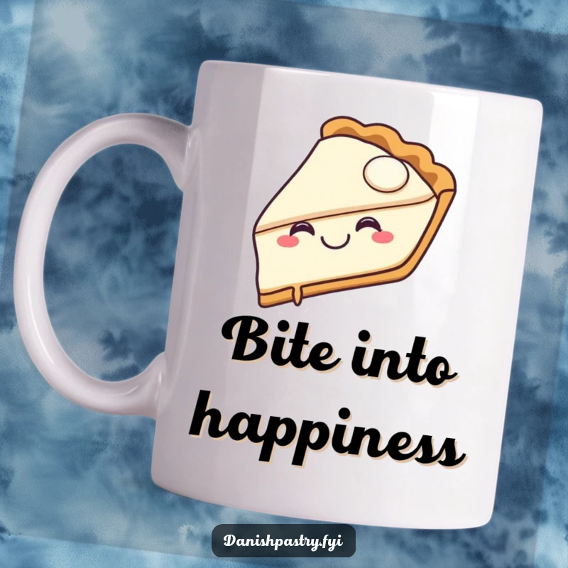 Funny pie slice mug with a joyful, happy grin taking a big bite, exuding delicious dessert fun and humor.