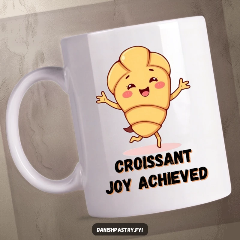 Funny almond croissant character mug, joyfully doing a happy jig, radiating pastry-themed cheer and delightful morning energy.