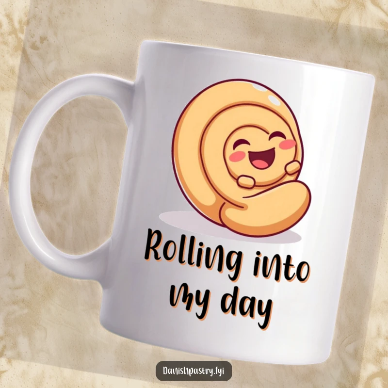 Funny Cinnamon Roll Mug featuring a laughing cinnamon roll rolling down an incline, a perfect humorous gift for pastry lovers.