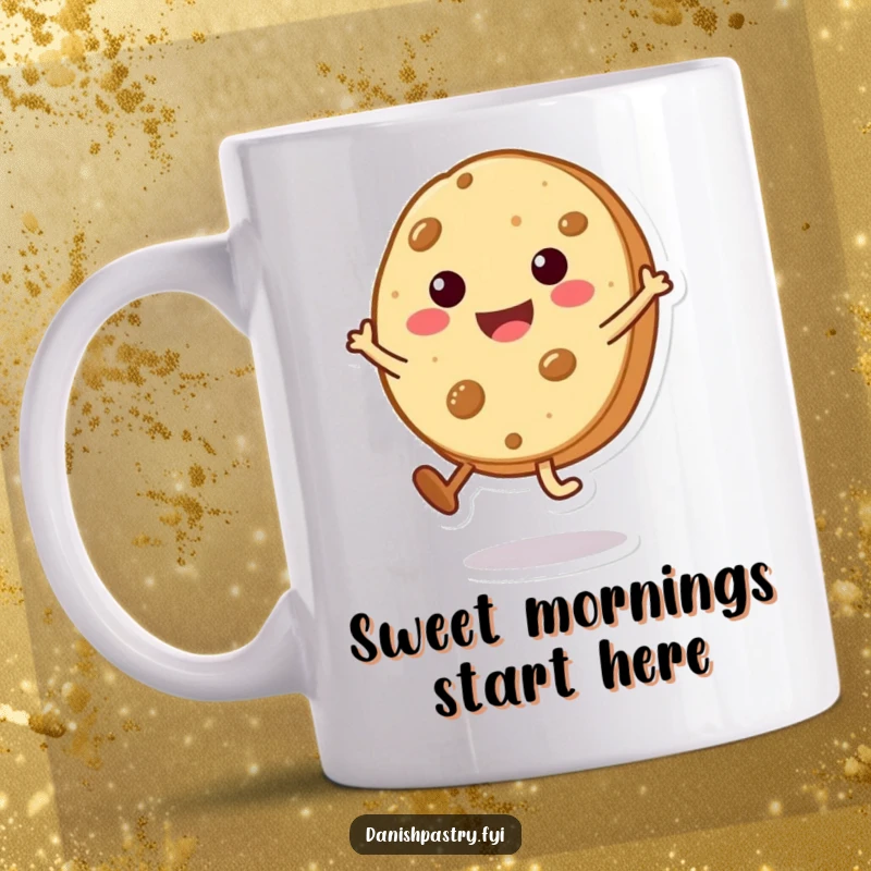 Funny Cookie Mug featuring a beaming character doing a tiny cartwheel, full of sweet joy and playful energy.