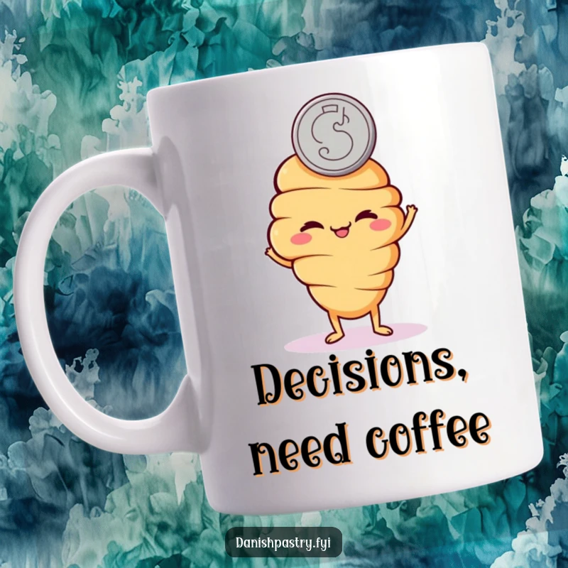 Funny mug featuring a mischievous croissant character flipping a coin with a cheeky grin, perfect for fun decisions.