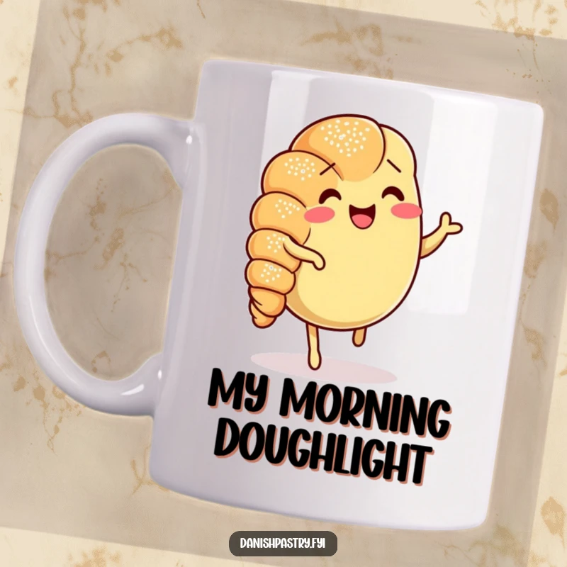 Funny Croissant Mug featuring a cheerful, jigging croissant with powdered sugar, a perfect, humorous gift for pastry lovers.