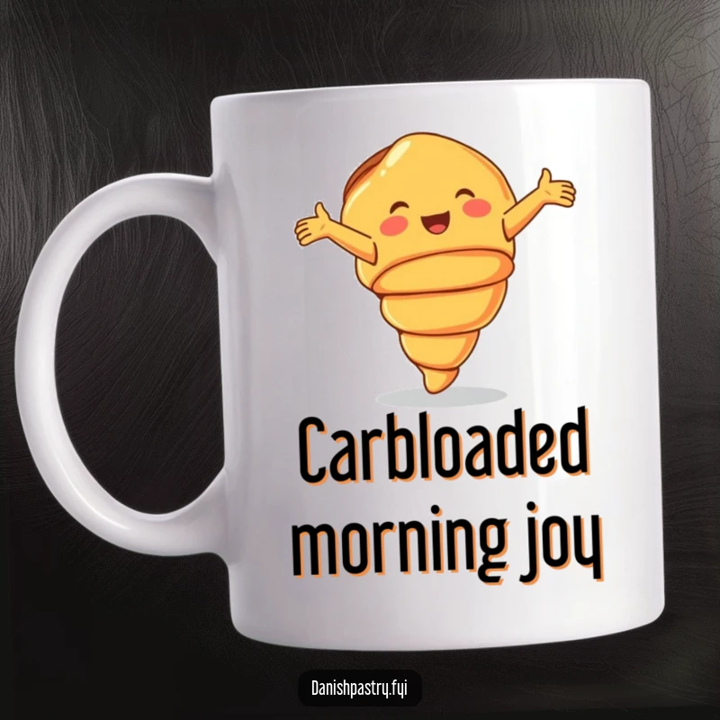 Funny Mug featuring a smiling croissant performing a joyful cartwheel with arms outstretched, exuding pure baked delight.