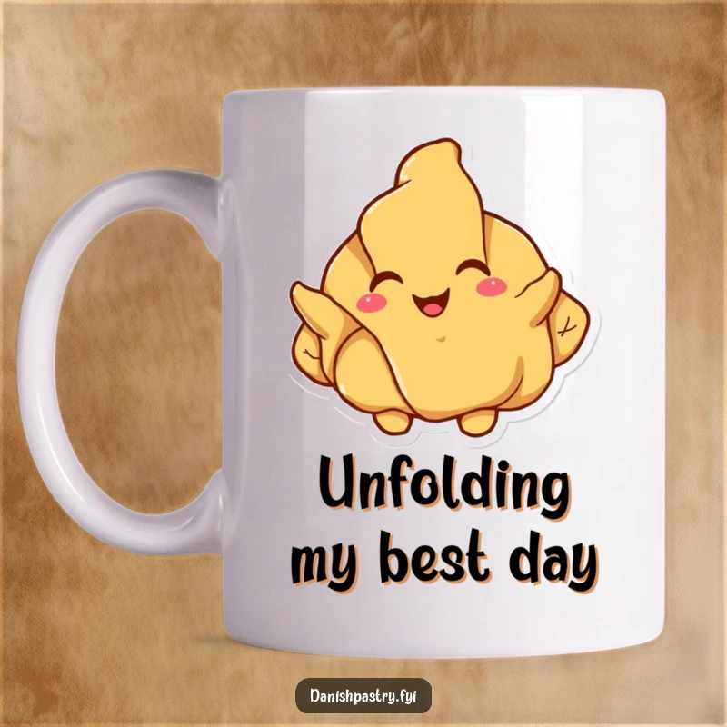 Funny croissant mug, a happy pastry character joyfully unfolding its flaky layers with a cheerful expression.