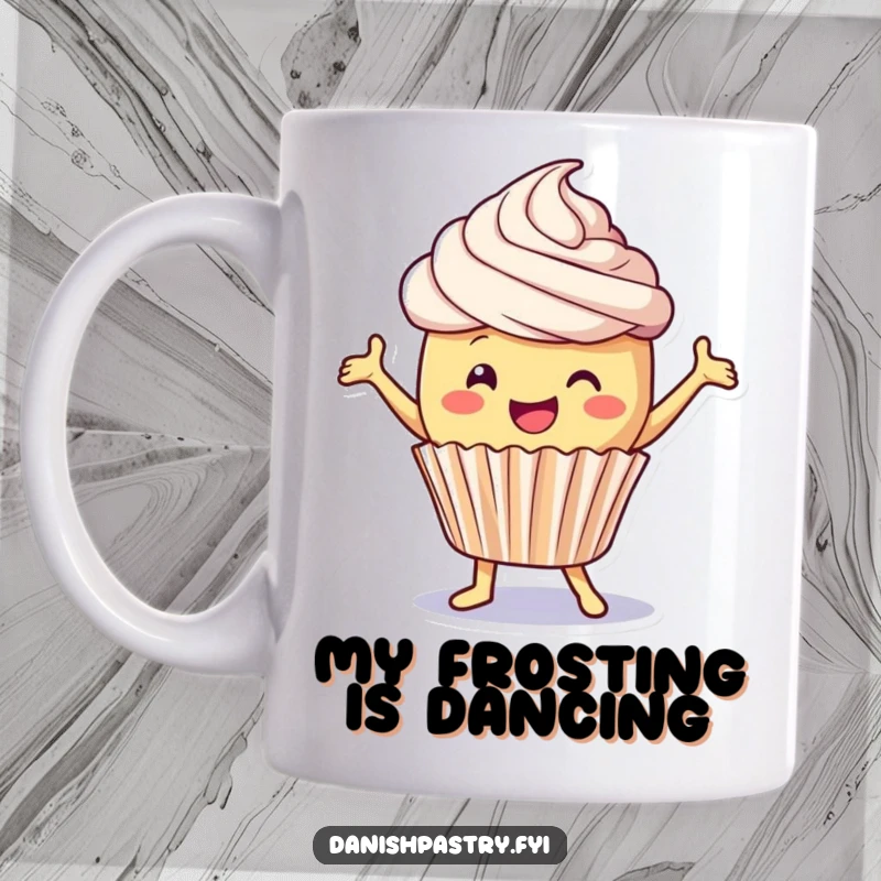 Funny Mug: A delighted cupcake with creamy frosting playfully dances, embodying pure joy and sweet celebration.