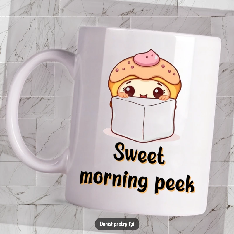 Funny mug with a curious Danish pastry character with icing, playfully peeking from behind a large sugar cube, inviting intrigue.