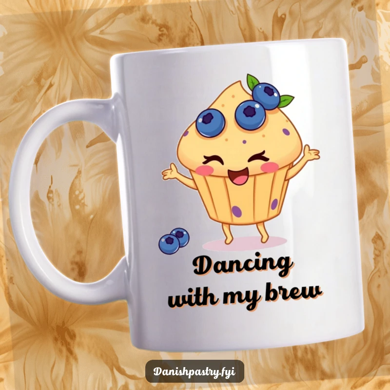 Funny mug featuring a winking muffin with blueberries, joyfully dancing, perfect for a sweet and amusing start to your day.