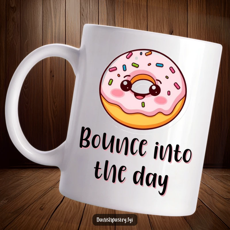 Funny donut mug, a cheerful character doing a playful bounce with its sprinkles wobbling adorably. A sweet treat.