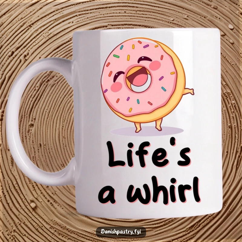Funny mug featuring a laughing donut covered in sprinkles, captured mid-somersault, a delightful and humorous treat design.