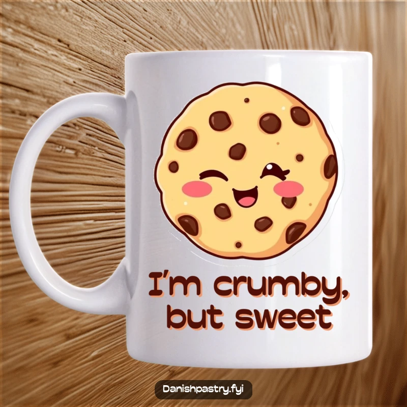 Funny cookie mug featuring a chocolate chip cookie giggling and giving a playful wink, radiating sweet and cheeky humor.