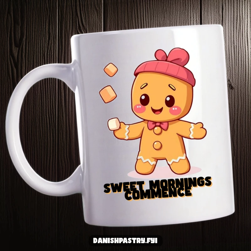 Funny cheerful gingerbread man character skillfully juggling tiny sugar cubes on a mug, perfect for a sweet gift.