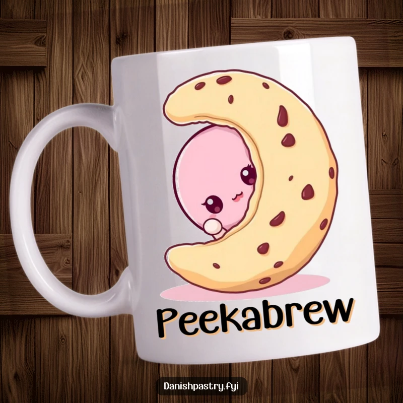 Funny macaroon character peeking curiously from behind a large cookie, a sweet and hilarious dessert mug.