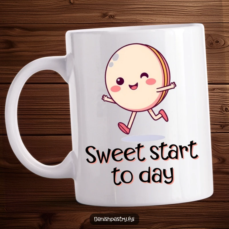 Funny mug featuring a smiling macaron character skipping happily, radiating pure joy and sweetness.