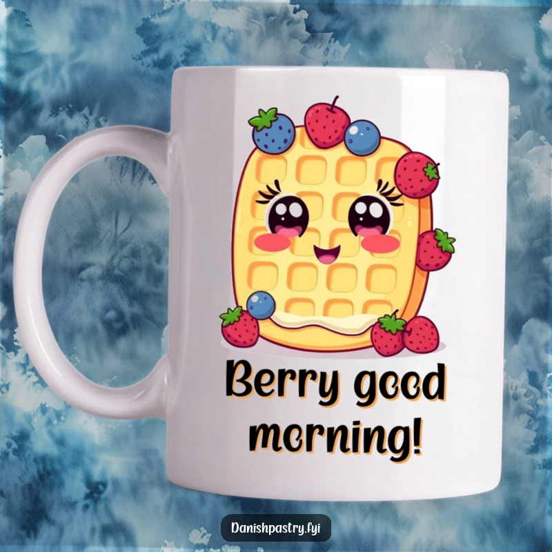 Funny Mug: A cheerful waffle with wide eyes playfully juggles small berries, a delightful and humorous breakfast companion.