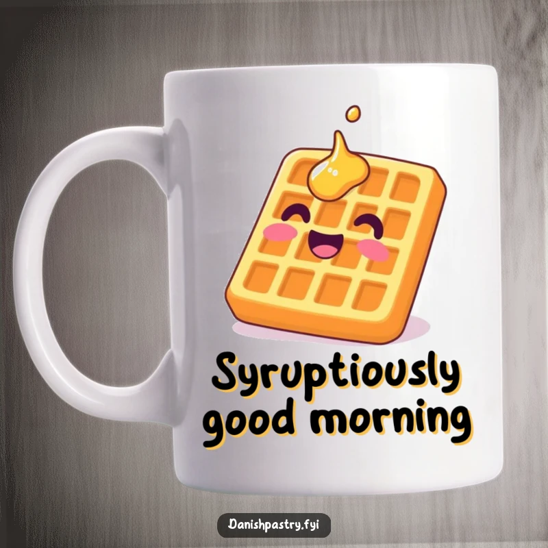 Funny waffle mug with a delighted character grinning upside down, covered in syrup, embodying breakfast humor.