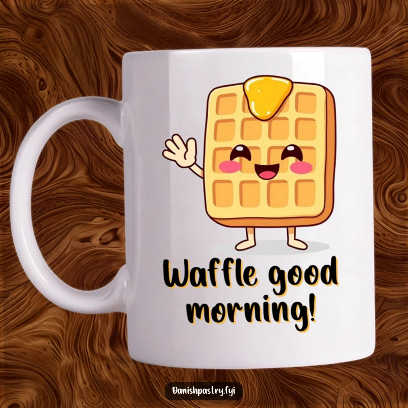 Funny waffle mug featuring a smiling waffle with dripping syrup, waving enthusiastically to brighten your morning.