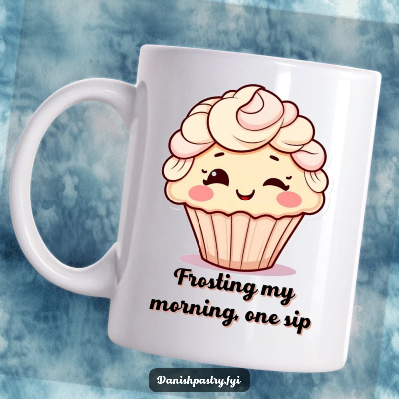 Funny cupcake mug with frosting hair winking playfully, a cheerful and sweet character design perfect for gift giving.