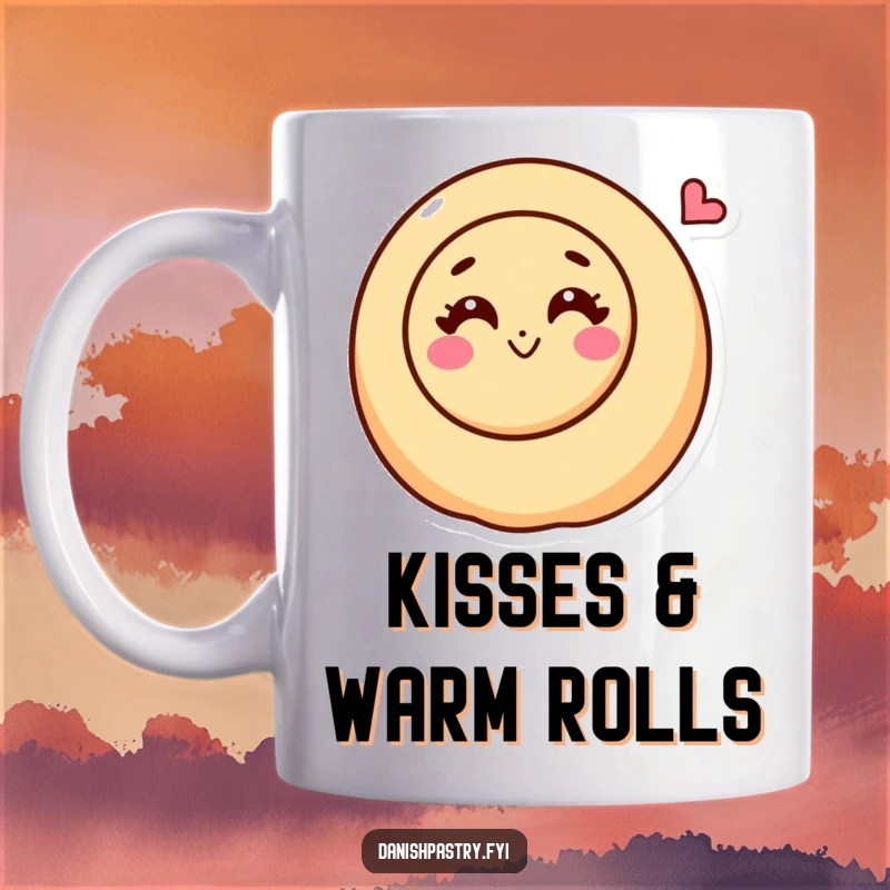 Funny cinnamon roll character with a happy swirl blowing a kiss on a mug, radiating warmth and affection.