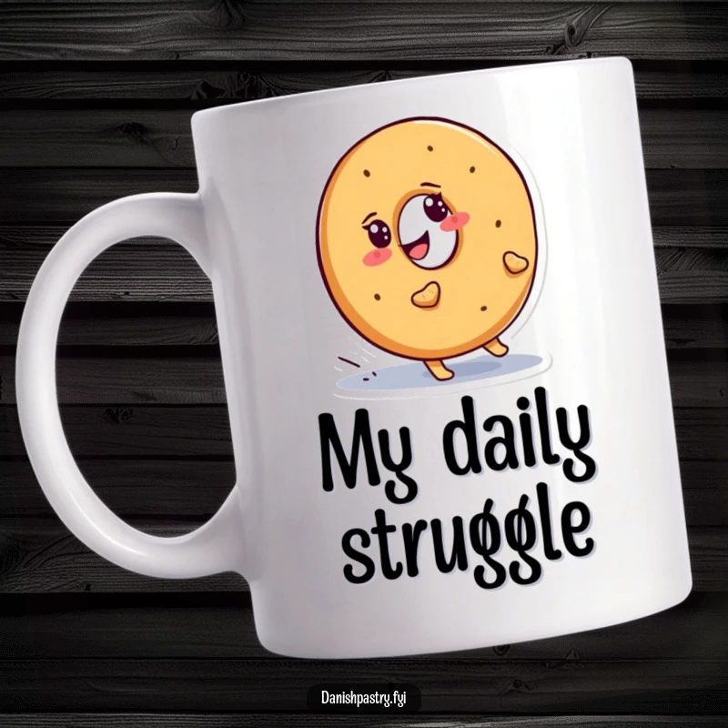 Funny bagel mug, a smiling character determinedly waddling while attempting to roll uphill. A relatable struggle.