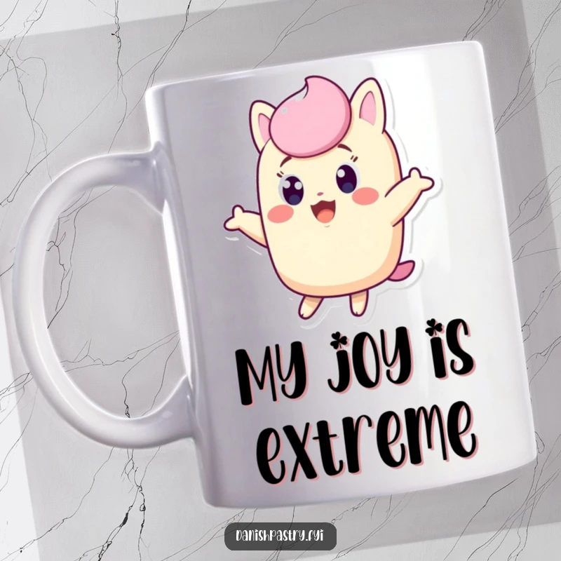 Funny Twinkie mug with wide, excited eyes joyfully jumping, capturing pure happiness for a funny gift.