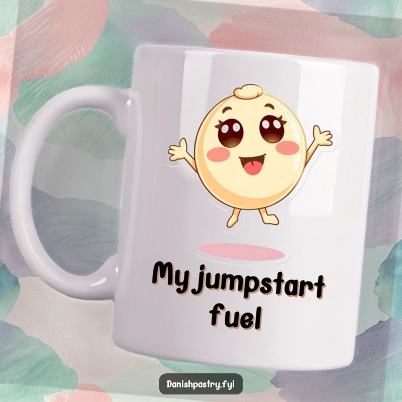 Funny Mug featuring a round pastry character with wide eyes, joyously jumping high in the air. A delightful design for any baked goods enthusiast.